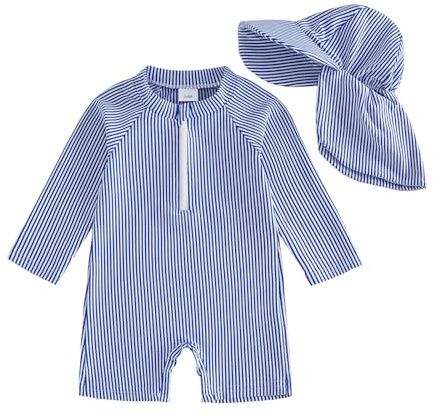 Caziffer Maillot de Bain Une Pièce avec Zip pour Bébé Garçon Maillot de Bain Garçons Manches Longues Protection Solaire avec Chapeau de Soleil