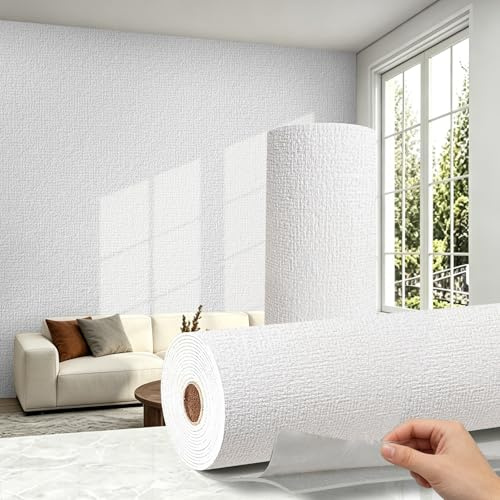 Swehooirt 6 Rollen 3mm Dicke Selbstklebend Tapete weiß mit Textilstruktur - helle Uni-Tapete isoliertapete für Schlafzimmer Wohnzimmer wasserdicht dämmtapete selbstklebend