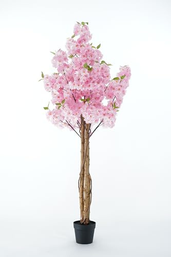 Cerezo artificial con hojas de poliéster y seda, tronco de madera auténtica, varios tamaños y colores disponibles, para decorar interiores residenciales y actividades comerciales (Nube rosa, 180 cm)