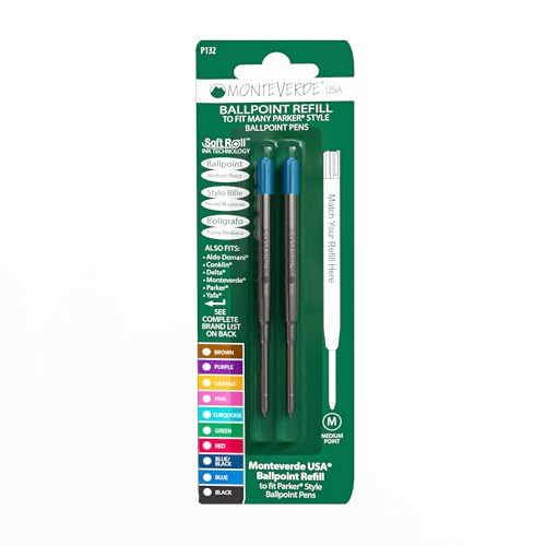 Monteverde Recharges pour Stylo à bille Pointe moyenne, rouleau souple compatible Stylos Parker - Turquoise (Lot de 2)