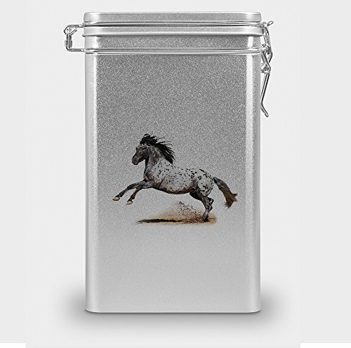Pferdefutterdose Appaloosa, Vorratsdose, Leckerliedose, Blech-Dose, Pferdenapf mit Motiv Appaloosa - silber