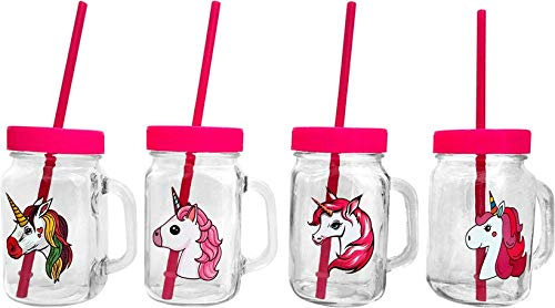 DISOK - Lote de 24 Jarras de Unicornios con Tapa y Pajita Rosa. No Viene presentada en cajita. Enchanted Rainbow. Detalles de niñas para comuniones, colegios, Fiestas y cumpleaños.