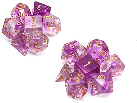 DollaTek Transparent polyhedral tärningsset, 2 x 7 (14 delar) Die Series D20 D12 D10 D8 D6 D4, DND-tärning, DND RPG MTG, dubbla färger, ett stycke (lila)
