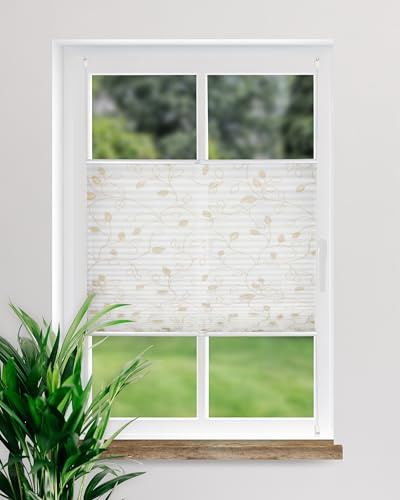 DECOLIA by Garesa Fenster Klemmfix Plissee ohne Bohren Motiv Ranke 90 x 130 cm, Creme - Lichtdurchlässiger Fenster Sichtschutz und Fenster Deko, Faltrollo