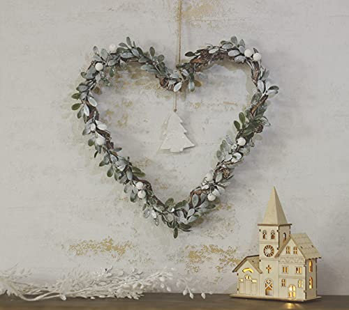 HomeZone 32cm White Heart Christmas Wreath - Artificial Mistletoe and Sage Front Door Decoration - Nordic Style Indoor or Fireplace Hanging Wreath and Table Centrepiece