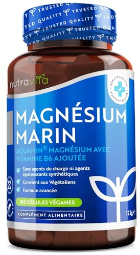 Magnesium Marin 360mg et Vitamine B6-180 Capsules Vegan - Magnesium B6 Combat la Fatigue et le Stress - Magnésium Aquamin® Hautement Biodisponible et Cliniquement Soutenu - Nutravita