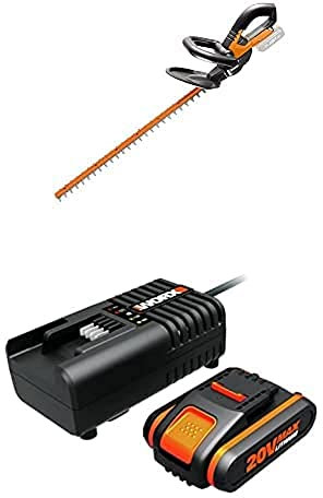 WORX WG260E.9 Akku Heckenschere 20V – Elektro Heckenschere mit Dual Schnittklingen für gleichmäßige Schnitte & WA3601 Akku mit Ladegerät Set: 20V 2000mAh Li-Ion Akkubatterie & Akku Ladestation
