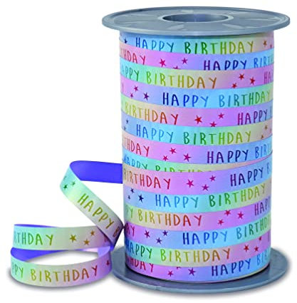 PRÄSENT RAINBOW Ringelband Birthday pastell, 200 m Geschenkband zum Verpacken und Dekorieren, 10 mm Breite, Dekoband in Regenbogenfarben, leicht kräuselbar