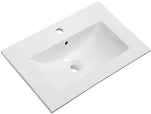 Kibath Lavabo in Ceramica per Bagno Rettangolare 61 cm x 46 cm x 1.8 cm, Finitura Bianca Lucida, Installazione sul Piano di Lavoro, Moderno
