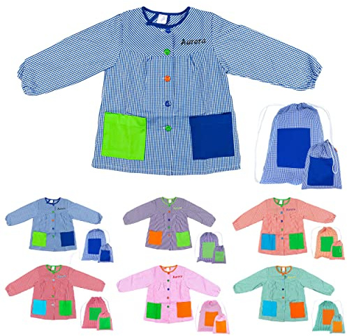 H HANSEL HOME Bata Escolar Infantil Multicolor Baby Infantil de Cuadros Pequeños + Bolsa y Mochila Escolar para Llevar Fiambreras - 5-6 años, con Bordado Nombre Personalizable
