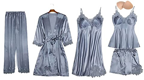 QraraZL Dam 5 st satin pyjamas set, spets Kimono klänning pyjamas set, sexig försummad shorts och byxor lång nattskjorta 5 delar, med bröstkuddar, silvergrå, L