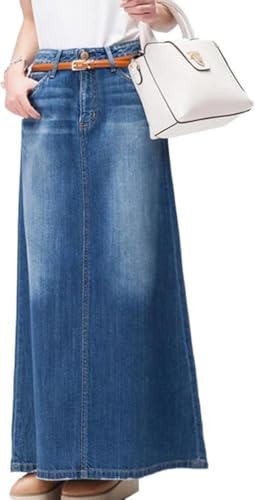 UIILO Kjolar lång vardaglig denimkjol vår A-linje långa maxikjolar för kvinnor jeanskjolar (Color:Blå,Size:XXL)