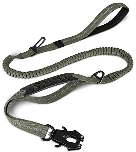 Joytale Guinzaglio tattico, guinzaglio Bungee da 1,2 m-1,8 m con 2 maniglie imbottite, cintura di sicurezza per auto, guinzaglio per cani di taglia media, grande, X-large, Verde militare