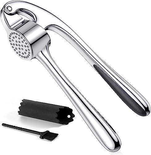 Hochwertige Knoblauchpresse aus Edelstahl, verbessern Sie Ihr kulinarisches Erlebnis mit unserem Knoblauchzerkleinerer, Zerkleinerer und Schäler, spülmaschinenfest und rostbeständig (Silber)