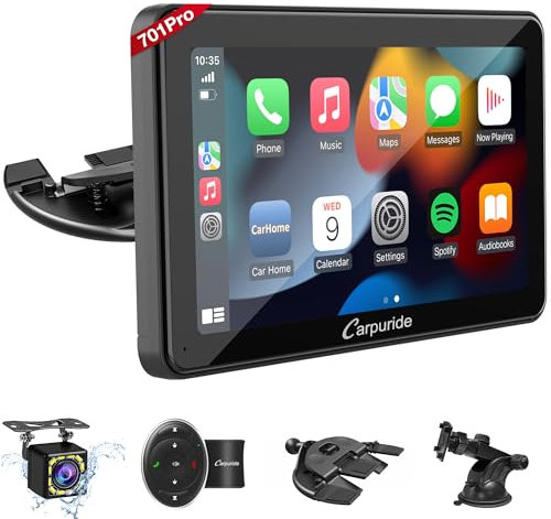 Carpuride w701 Pro Tragbares Auto BT Stereo, Kabelloses Carplay & Android Auto mit Rückfahrkamera, Dual-Bluetooth, Mirror Link/GPS/Siri/FM, Halterung für LKW-Armaturenbrettmontage