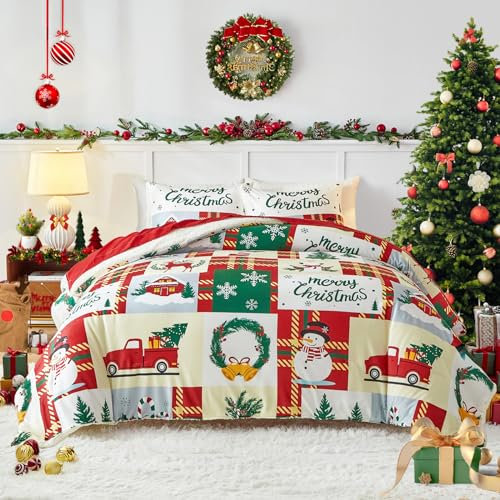 Set di biancheria da letto in pile Sherpa di flanella natalizia, 3 pezzi, king size, pupazzo di neve, renna, renna, patchwork, plaid in piuma, ultra morbido e caldo, per l'inverno