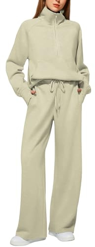 Casly Lamiit Damen 2-teiliges Outfits-Lounge-Set 2025, übergroßes Sweatshirt mit halbem Reißverschluss, weites Bein, Sweathose-Set, Sweatanzug, Trainingsanzug, Hellkhaki, Medium
