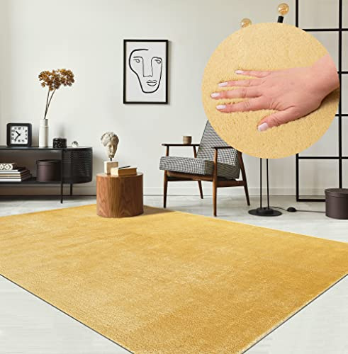 the carpet Relax – Tapis Moderne Moelleux à Poils Courts, antidérapant, Lavable Jusqu’à 30°C, Super Doux, Aspect Fourrure, pour Salon et Chambre, décoratif, Or, 160 x 220 cm