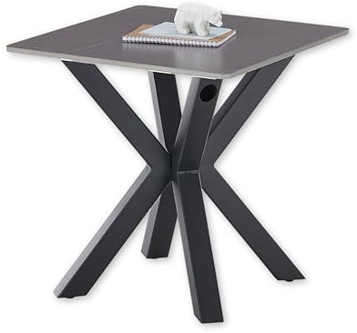 JANIN MINI Couchtisch quadratisch, Grau - Moderner Wohnzimmertisch mit Keramikplatte und Metallgestell - 55 x 55 x 55 cm (B/H/T) | 55 x 55 x 55 cm (B/H/T), Graue Keramikoberfläche mit subtilem Muster, schwarzes Metallgestell in Sternenform, Wohnzimmer