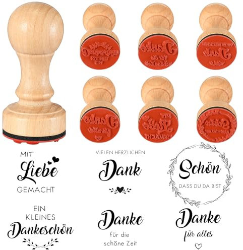Tenare 6 Stück 3 cm Holzstempel Mit Griff - Schön Dass Du Da Bist, Dankeschön Holzstempel Liebe Gemacht - Motivstempel Set für Hochzeit, Geburtstag, Taufe, Einladung, Scrapbooking
