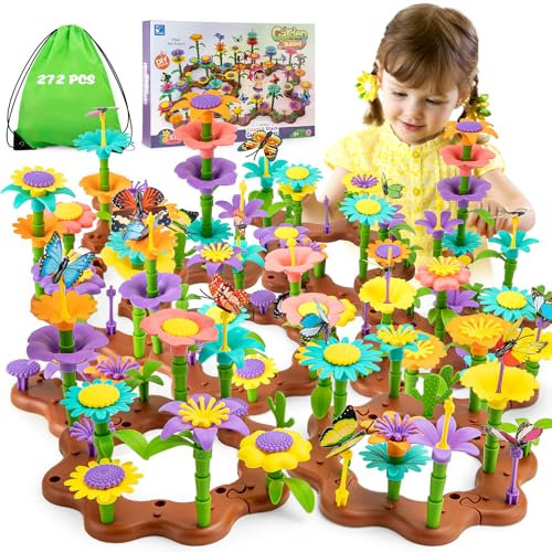 Funsland Fiori Costruzione Giocattoli per Bambine 3 Anni, 272 PCS DIY Giardini Fioriti Costruzioni Giochi, Montessori Istruzione Regalo per bambina 3 4 5 7 Anni