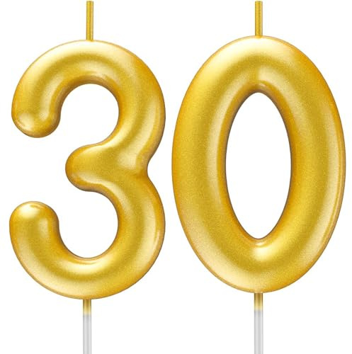 Gold Number Candle Happy Birthday 3D Number Candles for Birthday Cake Party Decoration Wedding Anniversary Celebration Supplies (Gold 30)