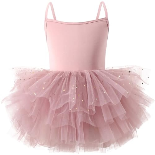 AIEOE Robe de Ballet pour Fille Justaucorps Entrejambe avec Bouton Manche Courte à Volants de Ballet Danse Gymnastique Enfants 6-8 Ans Rose A01
