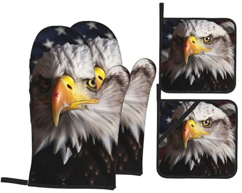 4 Stück Ofenhandschuhe Set Amerika Flagge Und Adler Druck Topfhandschuhe Küchendekoration Druck Grillhandschuhe, Für Cafe, BBQ