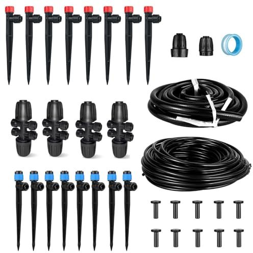 Drip Irrigation System Kit - Garden Watering System with 16FT 1/2'' & 79FT 1/4 Irrigation Tubing Parts - Automatic Irrigation Sprinkler Equipment for Raised Beds, Plants, Garden, Lawn, Greenhouse