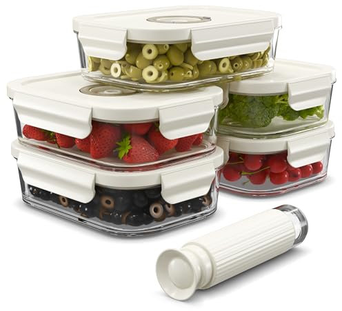 Unique Impression 5 Pack 1040ml Glass Vacuum Food Storage Containers with Date Tracker & Pump - Airtight Vacuum Containers with Lids - Oven,Microwave and Fridge/Freezer Safe - Leak Proof