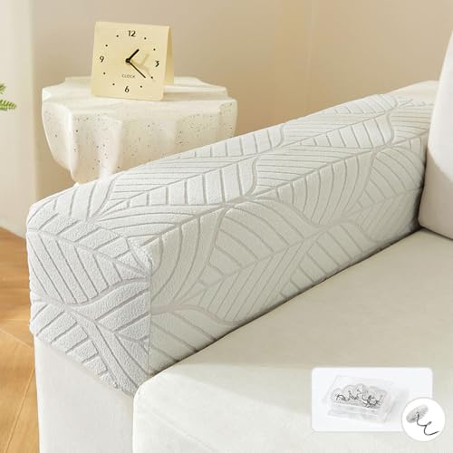 Fansu Protector de Reposabrazos para Sofá - 1 Par de Fundas Elásticas Antimanchas con Patrón Jacquard de Hojas para Sillón (Gris Claro)
