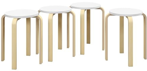 HOMCOM Taburetes Apilables Juego de 4 Taburetes Multiusos Taburetes de Madera Redondos Carga 120 kg para Cocina Salón Dormitorio Estudio Ø40x45 cm Natural y Blanco