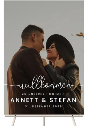 Personalisiertes Foto Willkommensschild zur Hochzeit, Größe wählbar: DIN A3, A2 oder A1 - Minimalistisch Design - mit intensivem UV-Druck mit Ihren Namen, Datum und Text, 3mm Dick