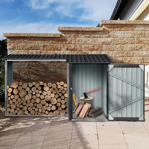 Ball & Cast 106.5 Outdoor Steel Firewood Rack Metal Storage Shed with Door and Reinforced Base,Multi-Functional 2 in 1 Waterproof Cabinet W/Roof,for Equipment Machines,Black