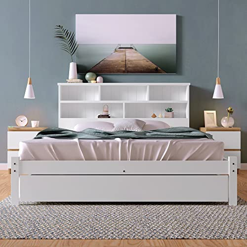 WIZBED Kinderbett Holzbett 140x200 mit Schubladen & Bücherregal, Massivholz Einzelbett Bettgestell mit Lattenrost, Stauraumbett, Ohne Matratze (Weiß B, 140x200)