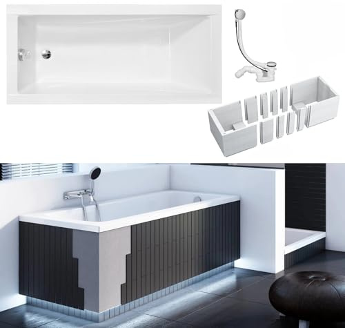 VBChome Badewanne 170 x 70 cm Weiß Acryl Wannenträger Platz für LED-Beleuchtung Styroporträger Siphon Wanne Rechteck Design Modern Ablaufgarnitur in Chrom