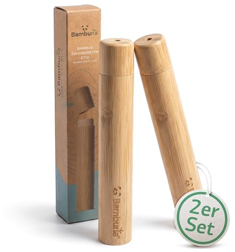 BAMBUNA 2er Set Zahnbürsten Reiseetui | veganes Zahnbürstenetui mit Belüftungslöchern | 21cm Zahnbürstenbox | 100% Bambus | plastikfrei | passend für gängige Zahnbürsten | kompaktes Format