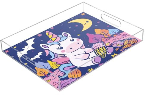 Lovely Unicorn Moon Acrylic Serving Trays, Clear Rectangular Tray with Handles Serving Platter for Coffee Table Kitchen Bathroom