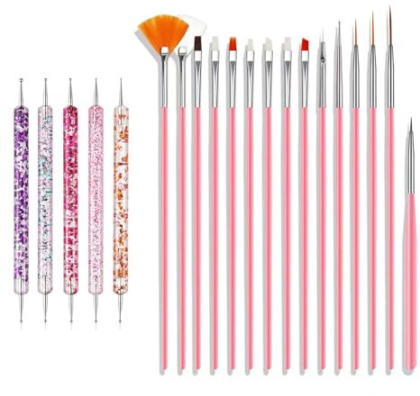 Nail Art Brushes Set, 20pcs Nail Design Painting Brushes, Professional Nail Art Design Brushes, Nail Fine Liner Brushes, Pink