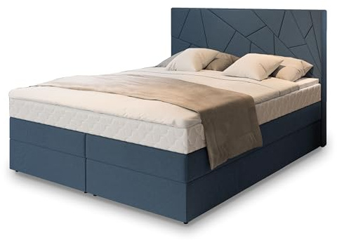 Masseno Boxspringbett TRANI 140x200 cm Komplett-Set mit Matratze und Topper, Polsterbett mit Zwei Bettkästen -Blau, INARI 80