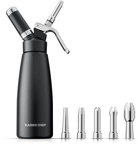 Professional Aluminum Whipped Cream Dispenser - 500 mL/1 Pint,Leak-Free Whipped Cream Maker Canister with 5 Decorating Nozzles & Cleaning Brush - for Desserts, Coffee Foam & Cold Foam (Black, 500ml)