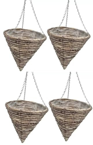 Quickdraw 4 x Cone Rope Hanging Baskets 12” – Outdoor Planters with Liner & Chains – Weather Resistant Flower Pots for Garden Plants & Flowers