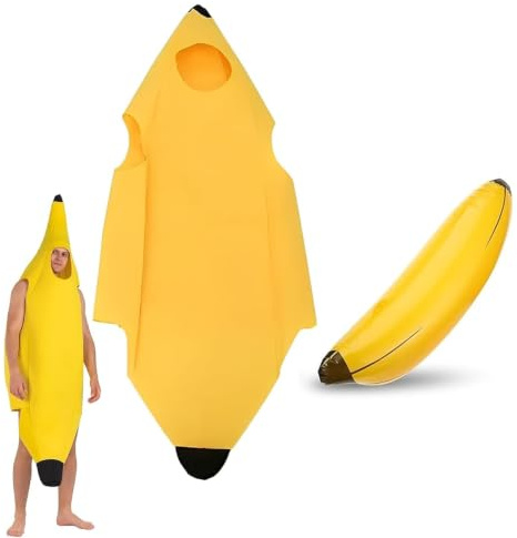 2Pcs Banana Costume Adult, Banana Costume, Unisex Yellow Banana Jumpsuit for Halloween, Inflatable Prop, Novelty Fancy Dress Outfit for Men & Women - Perfect for Christmas Party, Carnival, Cosplay