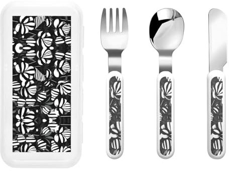 Black White Striped Flowers Stainless Steel Cutlery Set, Stainless Steel Cutlery Fork Spoon and Knife for Daily Meals