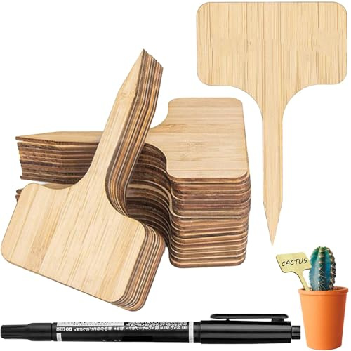 Wooden Plant Labels with Marker Pen, 40-Piece Plant Labels and Pen for Outdoor Plants, Plant Markers and Seed Labels for Gardening and Indoor Planting, Durable Wood Tags Measuring 6 cm by 3.5 cm