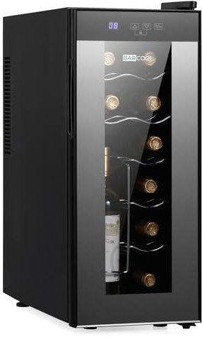 Barcool VINO12 – Table-Top Slim Wine Cooler Fridge Black | 5-18°C | 12 Bottle Wine Fridge | LED + Digital Display | UV-Tempered Glass Door Drinks Cellar | Single-Zone