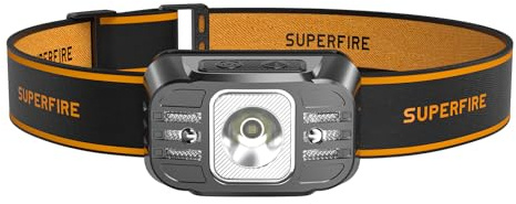 SuperFire LED Stirnlampe Wiederaufladbar USB C-2000 Lumen Ultra Hell, Dimmbar 7 Lichtmodi, Sensor & Rotlicht, IPX5 Wasserdicht Stirnleuchte für Joggen Camping Angeln Reparaturen