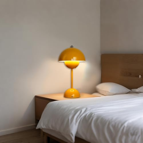 Flowerpot Lamp, Modern Flower Bud 12 Cordless Touch Dimmable 2600mAh Rechargeable Desk Lamps Nordic Minimalist Mushroom Lamps Retro Nightstand Bedside Lamp for Bedroom Living Room (Yellow)