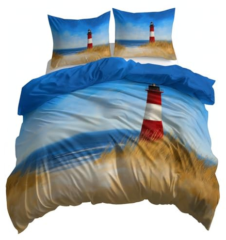 XCQHZYQ Blau Bettwäsche 155x220 cm Ölgemälde Leuchtturm Meer, Bettbezug 3teilig Weiche Allergiker Microfaser Bettwäsche-Sets, Deckenbezug mit Reißverschluss und 2 Kissenbezüge 80x80cm