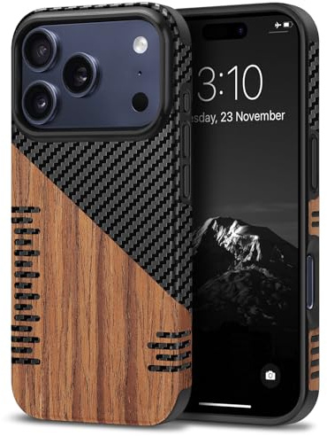 TENDLIN Coque Compatible avec iPhone 17 Pro (Twill) | Etui Hybride en Bois et Carbone et Cuir Compatible avec iPhone 17 Pro